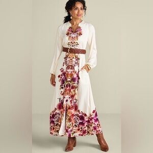 Soft Surroundings Paulette Floral Long Sleeve Button Down V-neck Maxi Dress L